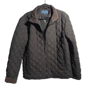 Cherokee Mens Black Quilted Barn Coat Jacket Brown Corduroy Collar Trim Zip L